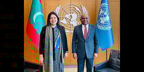 Minister of State for External Affairs Meenakshi Lekhi  with President of UN General Assembly  Abdulla Shahid.(Photo | Twitter)
