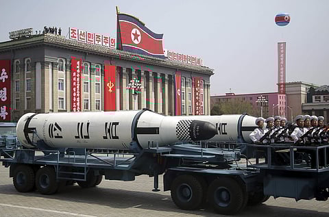 A submarine missile is paraded across Kim Il Sung Square during a military parade in Pyongyang. (File Photo | AP)