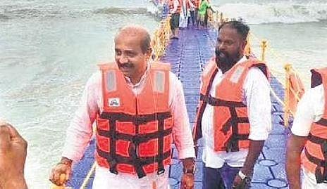 Udupi MLA K Raghupathi Bhat on the floating bridge at Malpe beach on Friday