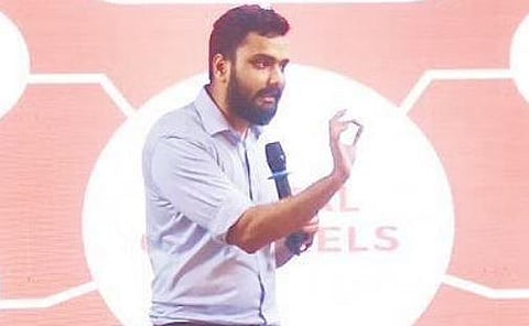 Rishi Jain (co-founder, Digital Scholar) speaks during Plenum-2022 at DG Vaishnav College in Arumbakkam on Friday | Ashwin Prasath