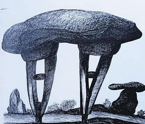 Some of the paintings by Bannothu Thackeray Naik that he wants to exhibit. The painter from Anantapur is looking for sponsors to hold a show. (Photo | EPS)