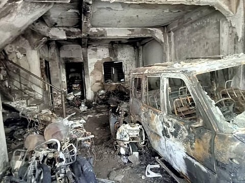 Charred remains after a fire broke out in a building, in Indore, Saturday, May 7, 2022.  (Photo | PTI)