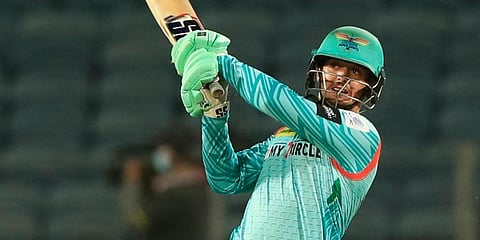 Quinton De Kock of Lucknow Super Giants plays a shot during the IPL match against Kolkata Knight Riders, at MCA International Stadium in Pune. (Photo | PTI)