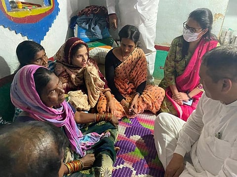 Vijay Sampla visited Marpally village in Vikarabad district to meet the family members of Nagaraju on Saturday. ( Photo | Twitter, @thevijaysampla)