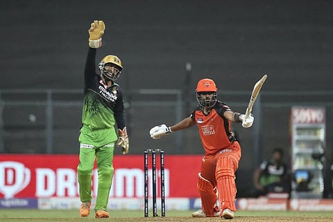 Dinesh Karthik of Royal Challengers Bangalore appeals during the Indian Premier League 2022 cricket match between Sunrisers Hyderabad and Royal Challengers Bangalore. (Photo | PTI)
