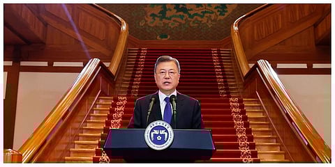 South Korean President Moon Jae-in delivers a farewell speech at the presidential Blue House in Seoul, South Korea, Monday, May 9, 2022. (photo | AP)