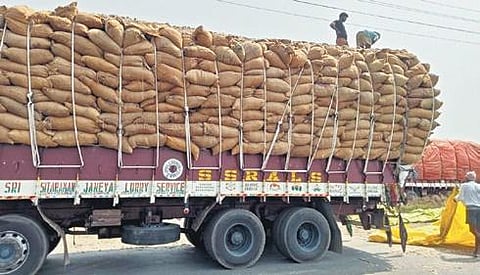 The truck that was intercepted by the police on Pedda Golconda Cross Roads under the Shamshabad police station limits in Hyderabad on Sunday morning