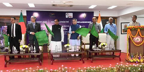 Ashwini Vaishnaw and Md Nurul Islam Sujan flagged off the Mitali Express in a virtual event. (Photo | Indian Railways Twitter)