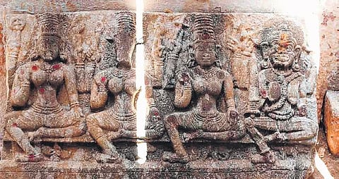 Sculptures in the ancient temple of Lord Shiva found underneath a soil mound by the residents of Gonguluru in Pulkal mandal of Sangareddy district. (Photo| EPS)