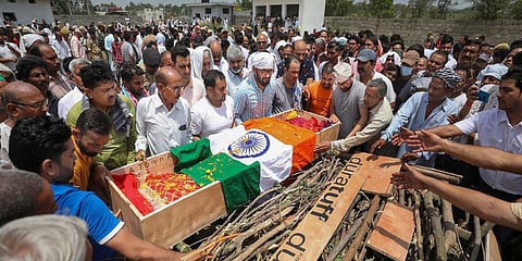Relatives and family members of government teacher Rajni Bala during her funeral, in Samba, Wednesday, June 1, 2022. (Photo | PTI)