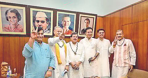 Rajasthan CM  Ashok Gehlot with Congress candidates for RS elections. (Photo | PTI)