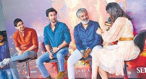Ayan Mukerji, Ranbir Kapoor, Rajamouli during the promotion of Bollywood film Brahmastra Part One: Shiva  in Visakhapatnam. (Photo | EPS)