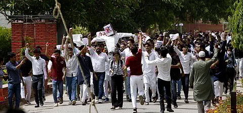 Students of Jamia Millia Islamia university during their protest against former BJP spokesperson Nupur Sharma, over her controversial remarks against Prophet Mohammad. (Photo | Shekhar Yadav/EPS)