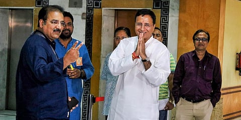 Congress candidate Randeep Surjewala arrives to cast his vote during the Rajya Sabha Election at Rajasthan Assembly, in Jaipur. (Photo | PTI)