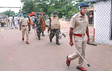 Security personnel try to maintain law and order during a protest over controversial remarks made by two now-suspended BJP leaders about Prophet Mohammad. (Photo | PTI)