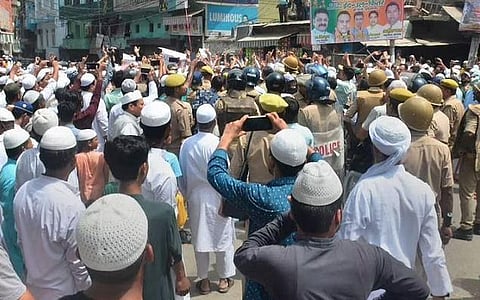Muslims protest over the controversial remarks by two now-suspended BJP leaders against Prophet Mohammad in Prayagraj on Friday. (Photo | PTI)