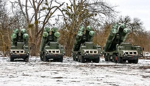 This handout video grab released by the Russian Defence Ministry on February 9, 2022 shows combat crews of the S-400 air defense system taking up combat duty. (Photo | AFP)