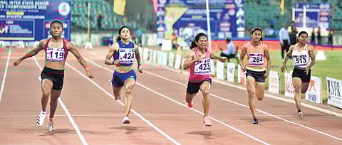 Hima Das (L) won the gold medal with an effort of 11.43 secs in the senior inter-state national meet on Saturday (Photo| Martin Louis)