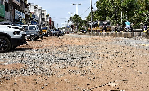 A section of the damaged West Boulevard Road in Tiruchy | M K Ashok Kumar