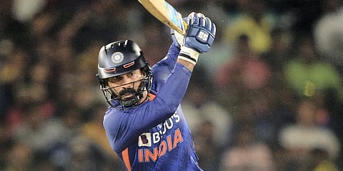 Indian batter Dinesh Karthik plays a shot during the second T20 match between India and South Africa, at Barabati stadium in Cuttack. (Photo | PTI)