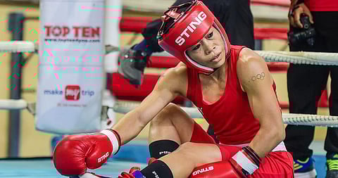 Indian boxer Mary Kom during her match at the Elite Women CWG Trials 2022, at Indira Gandhi stadium, in New Delhi. (Photo | PTI)