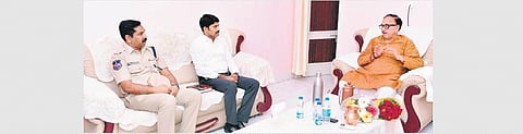 District Collector C Narayana Reddy and Police Commissioner K R Nagaraju meet Union Industries Minister Mahendra Nath Pandey in Nizamabad and submitted  a report on implementation of Centre’s welfare
