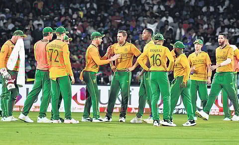 South African players celebrate a wicket against India during the second T20I  at the Barabati Stadium in Cuttack, on Sunday (Photo| Biswanath Swain)