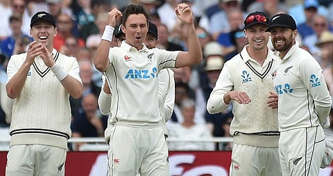 New Zealand's Trent Boult (C) celebrates with teammates after the dismissal of England's Jonny Bairstow after a review during the third day of the second Test match at Trent Bridge. (Photo | AP)