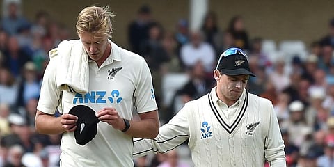 New Zealand's Tom Latham (R) consoles Kyle Jamieson as he leaves unable to continue during the third day of the 2nd test match against England at Trent Bridge in Nottingham. (Photo | AP)
