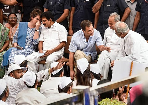 Congress leader Rahul Gandhi with party leaders Bhupesh Baghgel, Ashok Gehlot, KC Venugopal and Priyanka Gandhi Vadra at the AICC headquarters. (Photo | PTI)