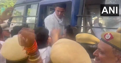 Congress leader Sachin Pilot detained by police amid protests by party workers in New delhi on Wednesday. (Photo | ANI Twitter)