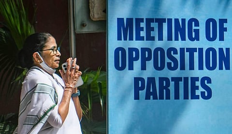 West Bengal Chief Minister and TMC chief Mamata Banerjee welcomes opposition parties' leaders for a meeting regarding upcoming Presidential elections. (Photo | PTI)