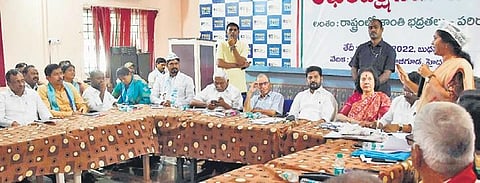 A participant addresses the all-party meeting organised by the Congress on Wednesday