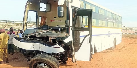 The omnibus that met with the accident near Arasakulam on Tirunelveli-Madurai NH. (Photo| EPS)