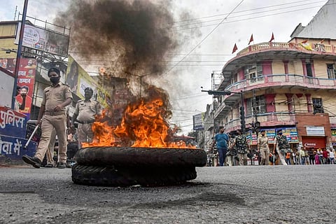 Police personnel patrol amid protests against Centre's 'Agnipath' scheme, in Patna, Friday, June 17, 2022.  (Photo | PTI)