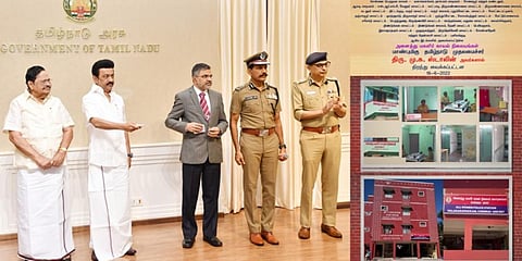 Tamil Nadu CM MK Stalin inaugurating All Women Police Stations via videoconference from the Secretariat. (Photo| Special Arrangement)