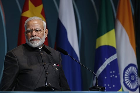 File photo of Prime Minister Narendra Modi speaking during the BRICS Business Council prior the 11th edition of the BRICS Summit in 2019. (Photo | AP)