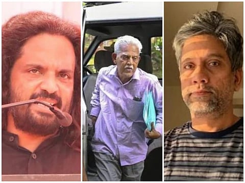 (L-R) Activists Rona Wilson, Varavara Rao, and Hany Babu face charges under the Unlawful Activities Prevention Act. (File Photos)