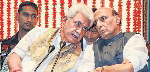 Defence Minister Rajnath Singh with J&K Lt Governor Manoj Sinha in Jammu on Friday | PTI