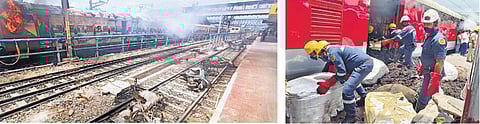Flames erupt from a train set on fire by protesters at the Secunderabad Railway Station on Friday; (Right) Fire personnel try to save parcels from a parcel van of another train | RVK RAO / vinay madap