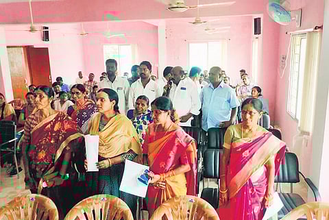File photo of sarpanches arguing with authorities over pending bills at a Palle Pragathi preparatory meeting in Thimmapur mandal of Karimnagar district. (Photo| EPS)