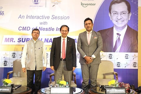 Suresh Narayanan, chairman and MD, Nestle India (Centre) with Pradeep Sureka, president of ICC (left), Mudit Beriwal, chairman ICC at a session organised by ICC YLF. (Photo | EPS)