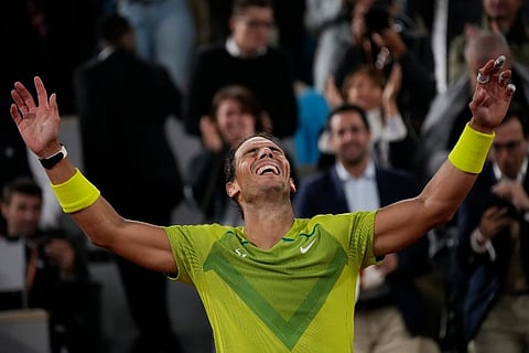 Spain's Rafael Nadal celebrates winning his quarterfinal match against Serbia's Novak Djokovic in four sets, at the French Open tennis tournament. (Photo | AP)