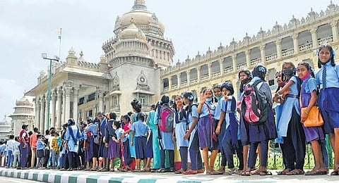 Students of a government school on an excursion to Vidhana Soudha in Bengaluru on Wednesday | Vinod Kumar T