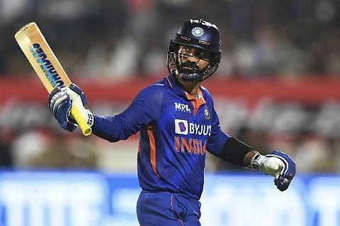Indian batter Dinesh Karthik plays a shot during the second T20 match between India and South Africa, at Barabati stadium in Cuttack. (Photo |AFP))