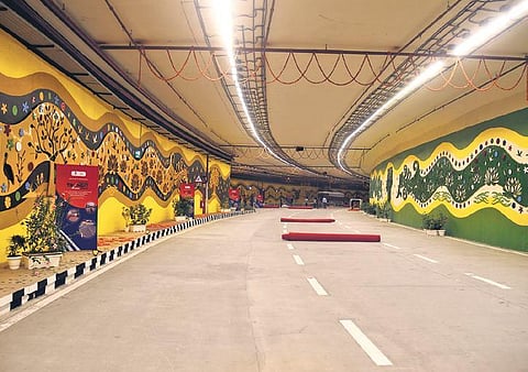 View of the main tunnel of Pragati Maidan Integrated Transit Corridor Project. The tunnel will help citizens save time and fuel and decongest traffic. 