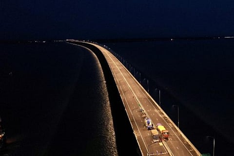 An aerial photograph taken shows a general view of the Padma Multipurpose Bridge and railway project. (Photo | AFP)