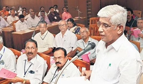 NSS general secretary G Sukumaran Nair presenting the organisation’s 108th budget at the society’s headquarters at Perunna on Monday