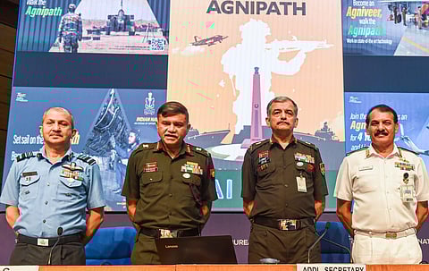 Air Marshal Suraj Kumar Jha, Lt. General C.B. Ponnappa, Lt. General Anil Puri, and Vice Admiral Dinesh K. Tripathi during a press conference in New Delhi, (Photo | PTI)