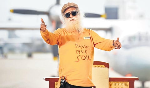 Sadhguru at a Save Soil event at the Indian Air Force base in Sulur, Coimbatore.  Union Minister Rajnath Singh attended the event virtually